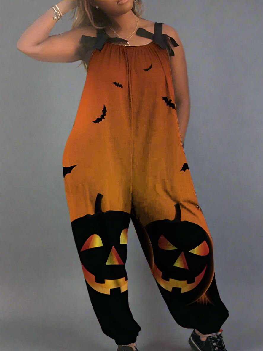 1.Women’s Gothic Skull Print Wide-Leg Jumpsuit – Punk Halloween Streetwear Rompers | High-Waist Full-Length Overalls for Spring, Summer & Autumn