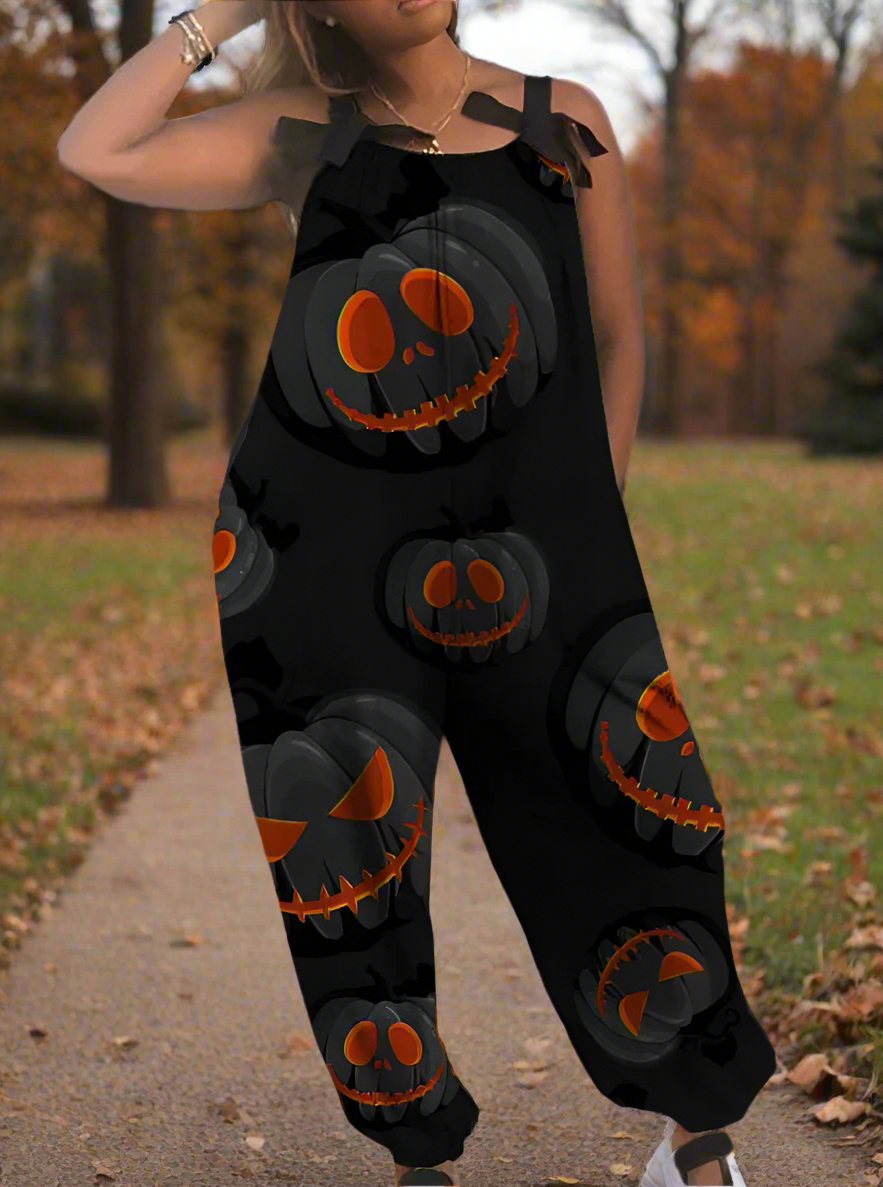 2.Women’s Gothic Skull Print Wide-Leg Jumpsuit – Punk Halloween Streetwear Rompers | High-Waist Full-Length Overalls for Spring, Summer & Autumn