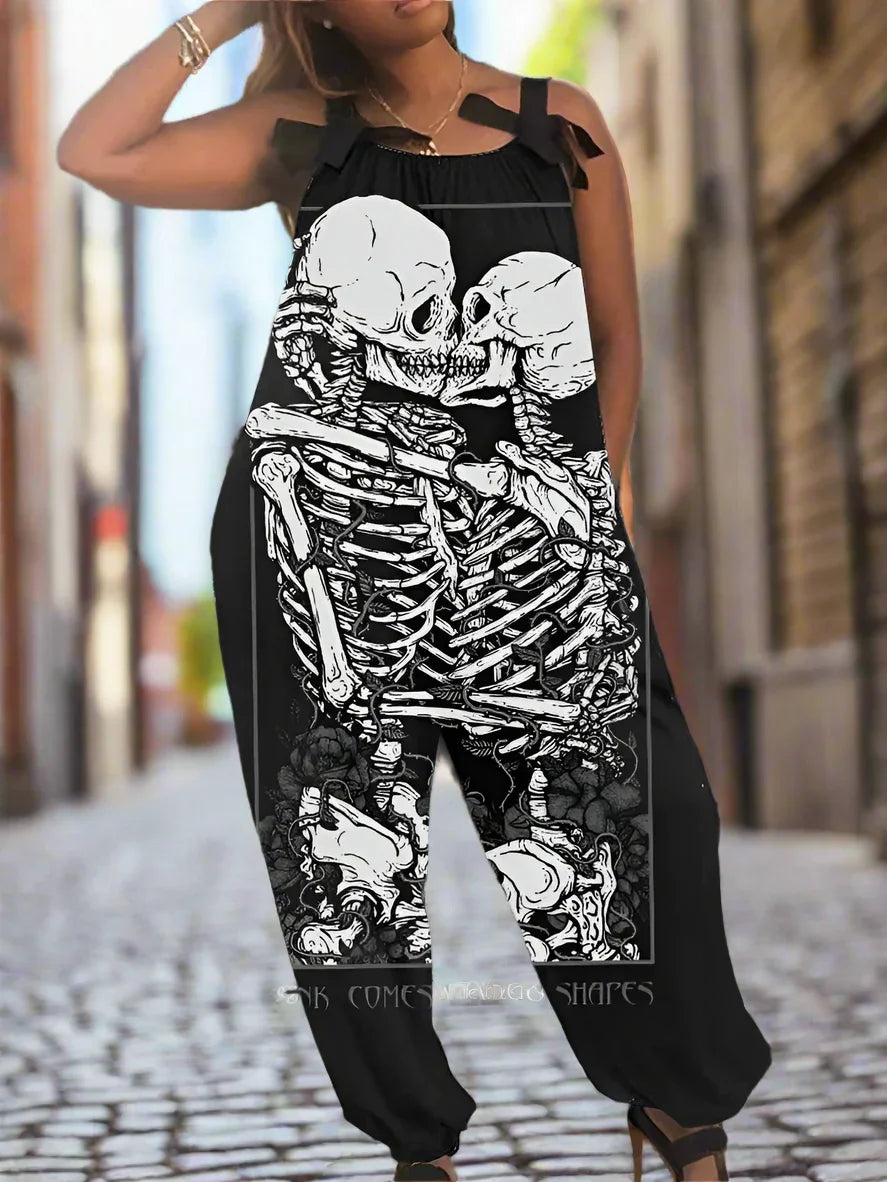 1.Women’s Gothic Skull Print Wide-Leg Jumpsuit – Punk Halloween Streetwear Rompers | High-Waist Full-Length Overalls for Spring, Summer & Autumn