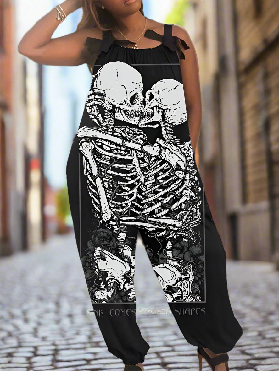 1.Women’s Gothic Skull Print Wide-Leg Jumpsuit – Punk Halloween Streetwear Rompers | High-Waist Full-Length Overalls for Spring, Summer & Autumn