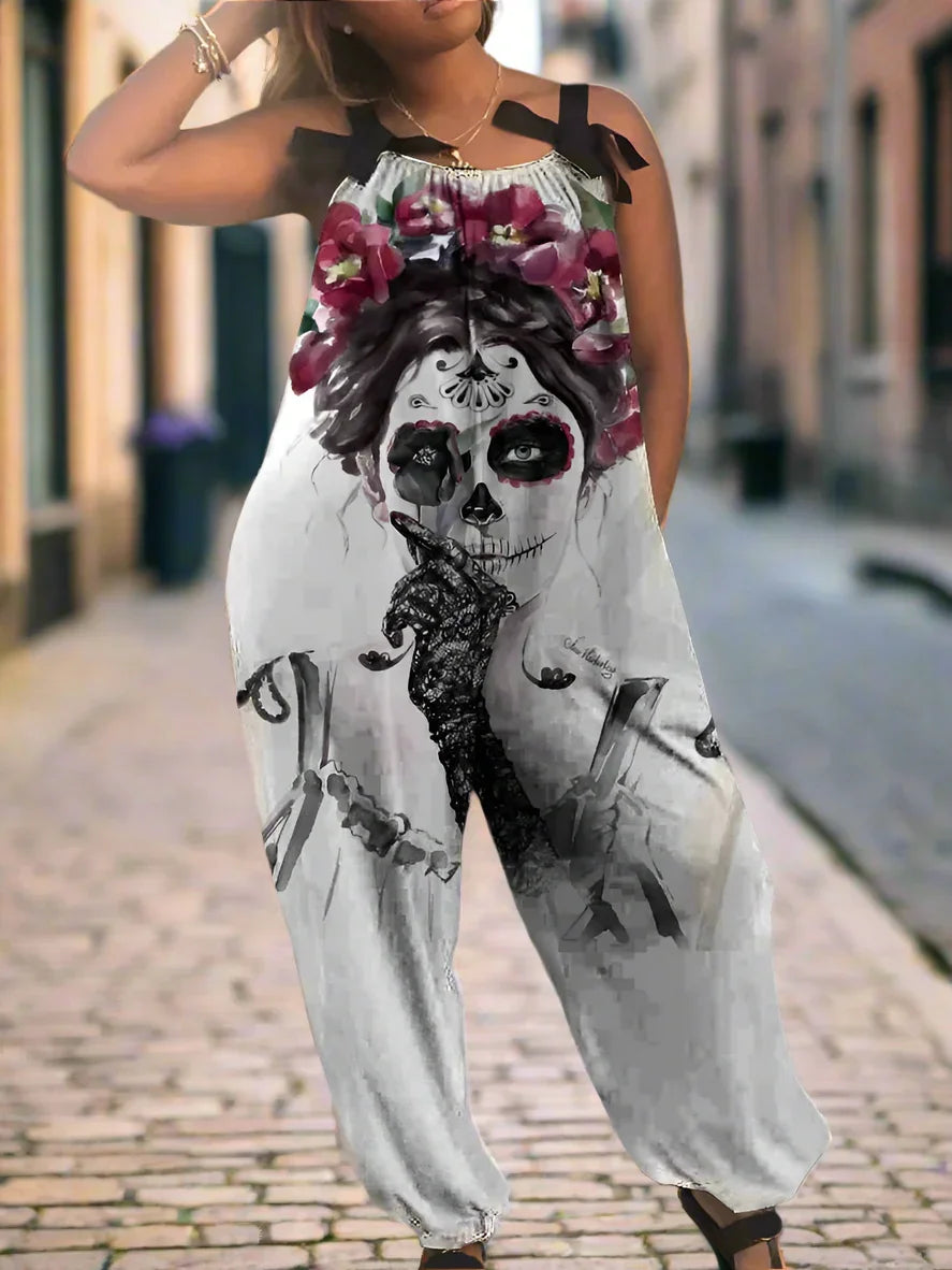 1.Women’s Gothic Skull Print Wide-Leg Jumpsuit – Punk Halloween Streetwear Rompers | High-Waist Full-Length Overalls for Spring, Summer & Autumn