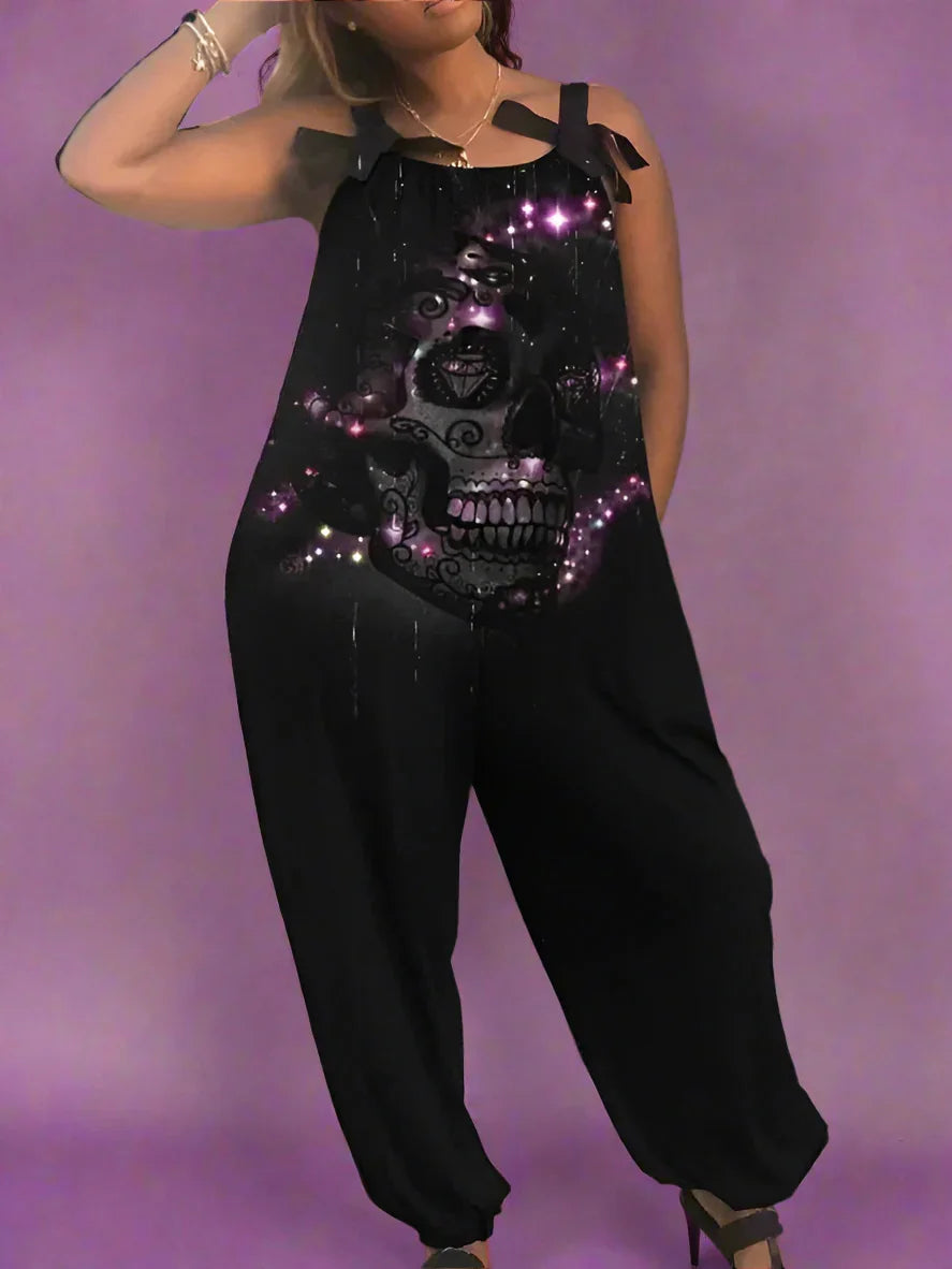 1.Women’s Gothic Skull Print Wide-Leg Jumpsuit – Punk Halloween Streetwear Rompers | High-Waist Full-Length Overalls for Spring, Summer & Autumn