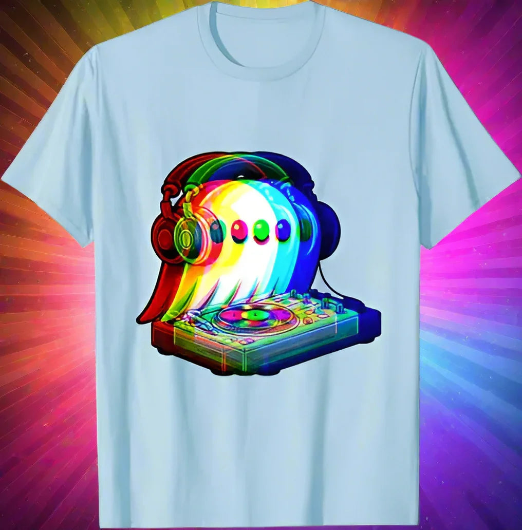 3.Ghost DJ Optical Illusion T-Shirt – Trippy EDM Rave Halloween Tee for House Music Lovers