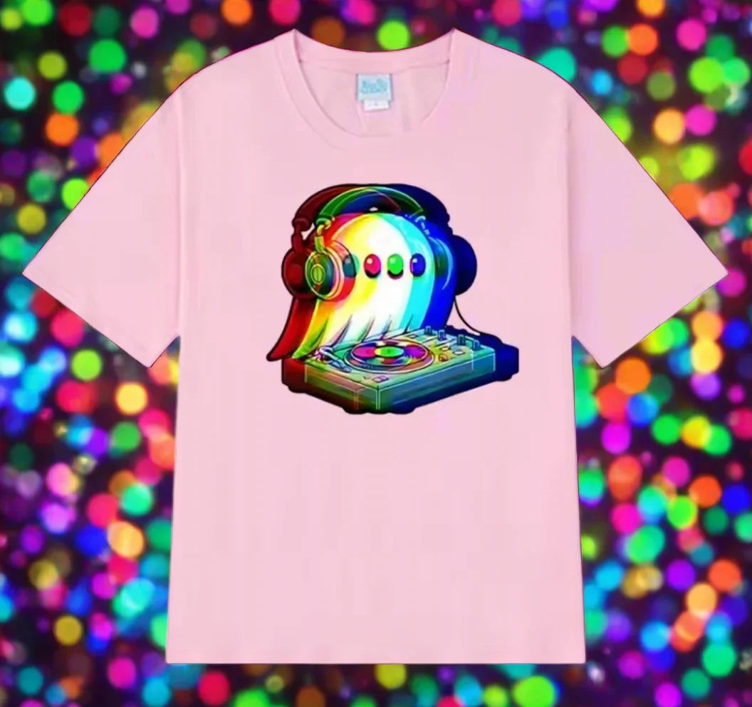 2.Pink - Ghost DJ Optical Illusion T-Shirt – Trippy EDM Rave Halloween Tee for House Music Lovers