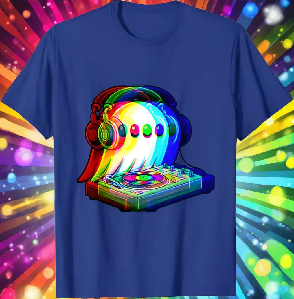 1.Dark Grey - Ghost DJ Optical Illusion T-Shirt – Trippy EDM Rave Halloween Tee for House Music Lovers