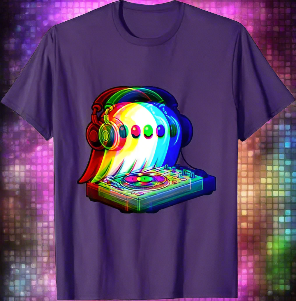 1.Dark Grey - Ghost DJ Optical Illusion T-Shirt – Trippy EDM Rave Halloween Tee for House Music Lovers
