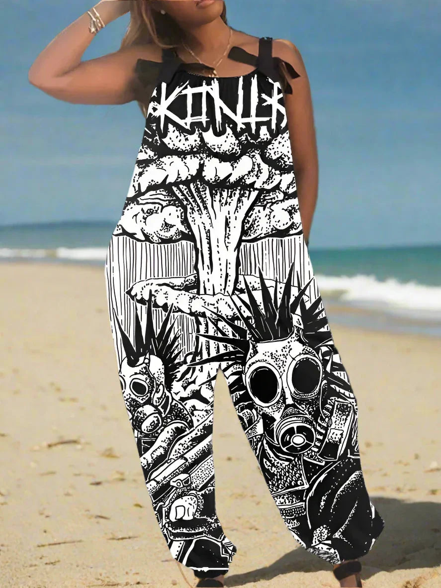 1.Women’s Gothic Skull Print Wide-Leg Jumpsuit – Punk Halloween Streetwear Rompers | High-Waist Full-Length Overalls for Spring, Summer & Autumn