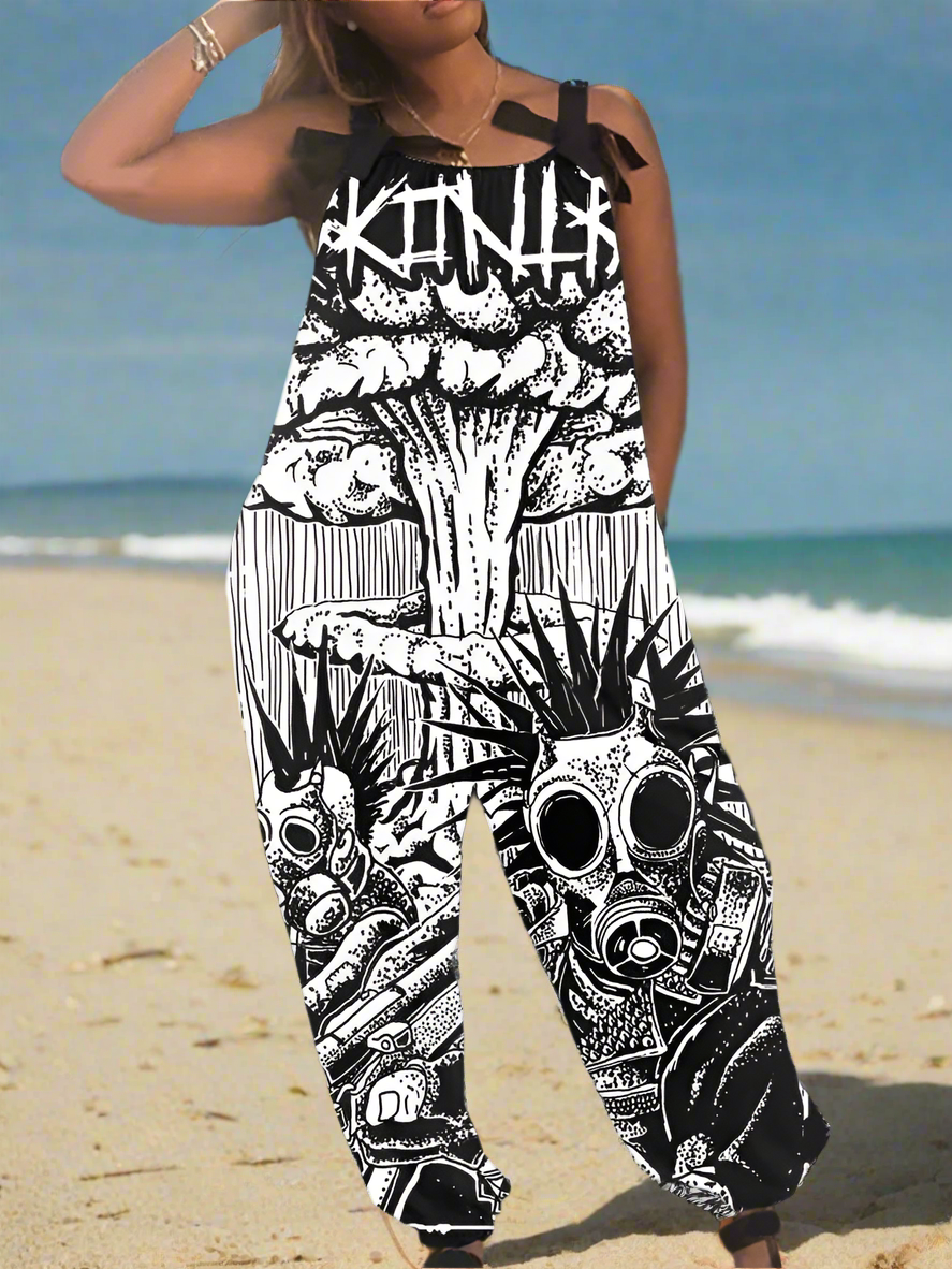 1.Women’s Gothic Skull Print Wide-Leg Jumpsuit – Punk Halloween Streetwear Rompers | High-Waist Full-Length Overalls for Spring, Summer & Autumn