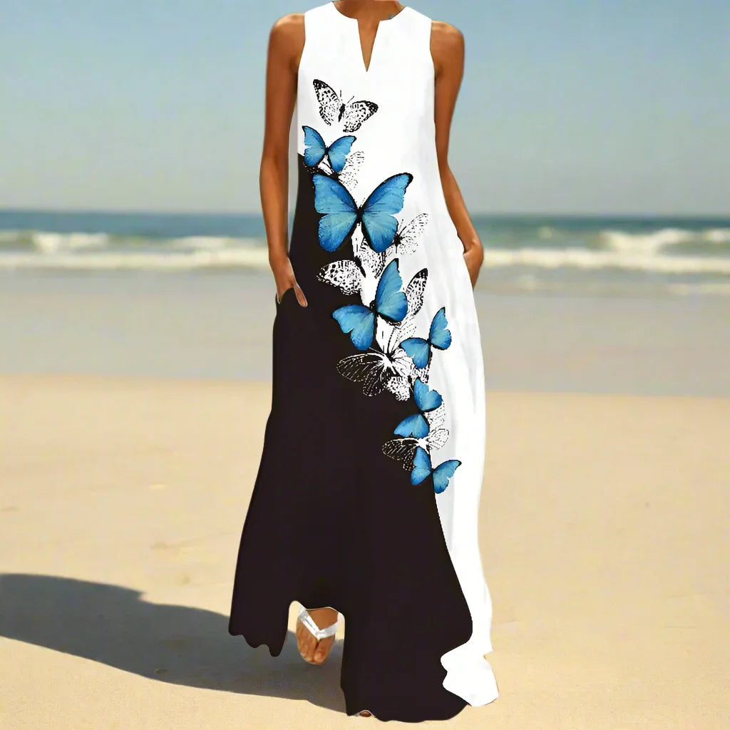 2.Bohemian Maxi Dresses for Women with Pockets Loose Summer Clothing Printed Ankle-Length A-Line Dresses