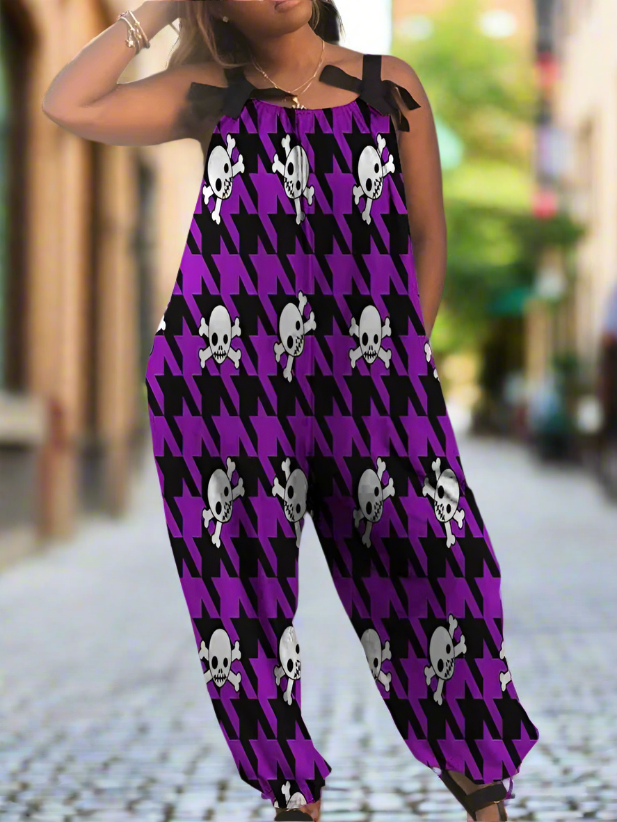 1.Women’s Gothic Skull Print Wide-Leg Jumpsuit – Punk Halloween Streetwear Rompers | High-Waist Full-Length Overalls for Spring, Summer & Autumn