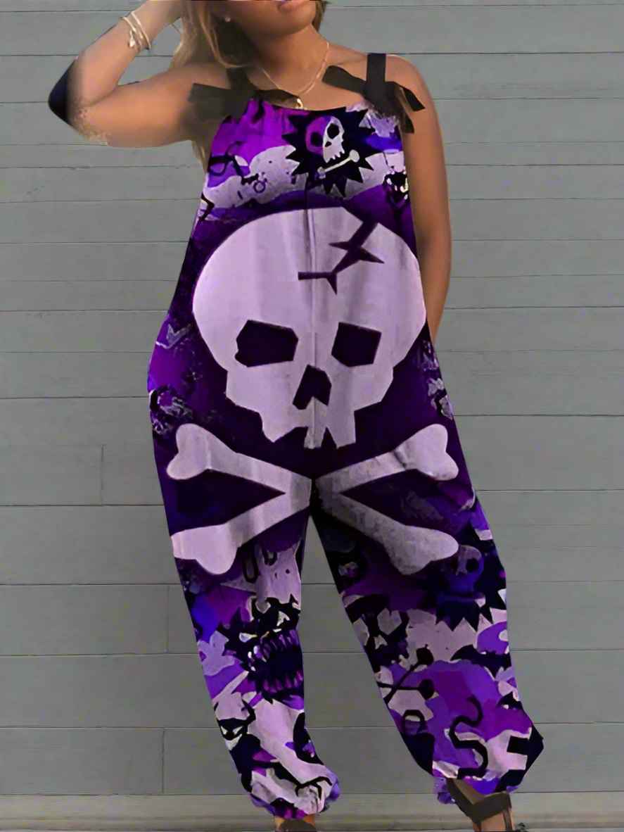 2.Women’s Gothic Skull Print Wide-Leg Jumpsuit – Punk Halloween Streetwear Rompers | High-Waist Full-Length Overalls for Spring, Summer & Autumn