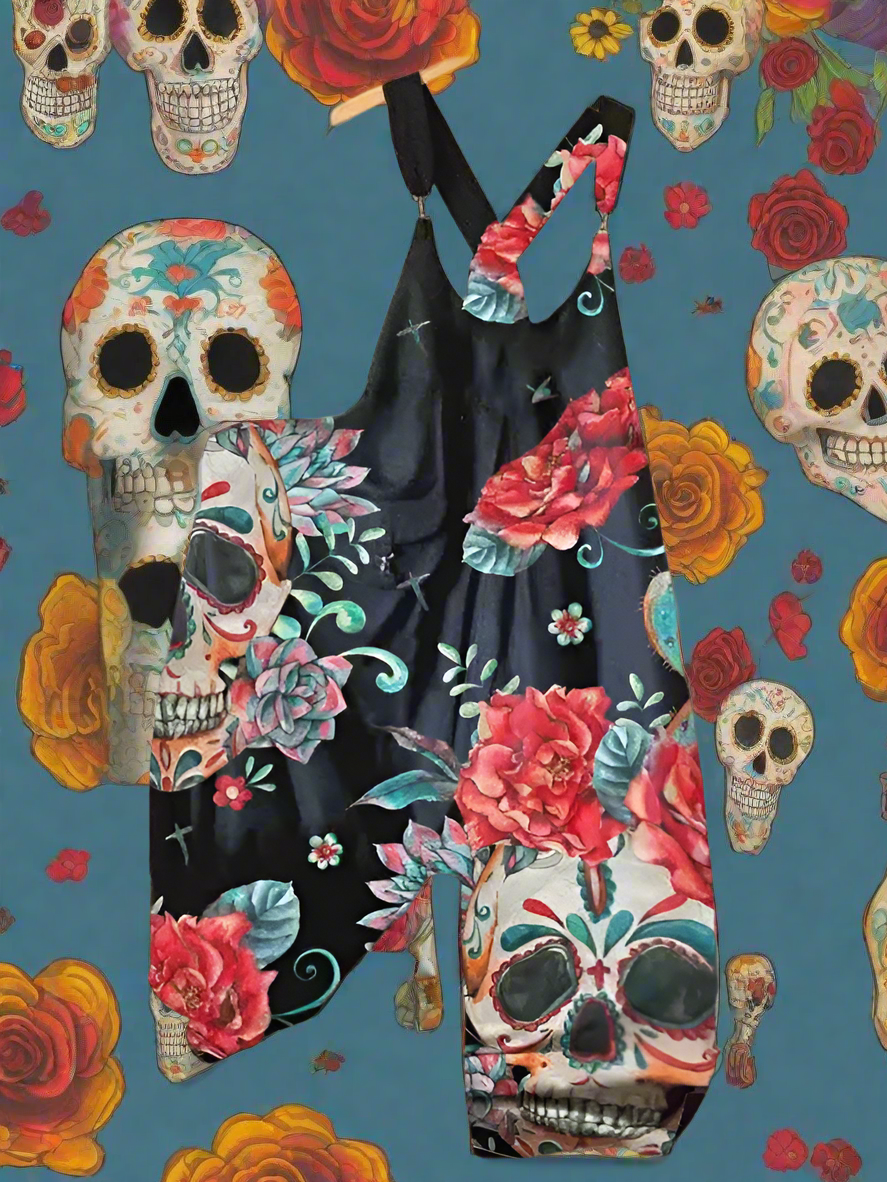 2.Women’s Skull Print Sleeveless Jumpsuit – Casual Summer Loose-Fit Streetwear