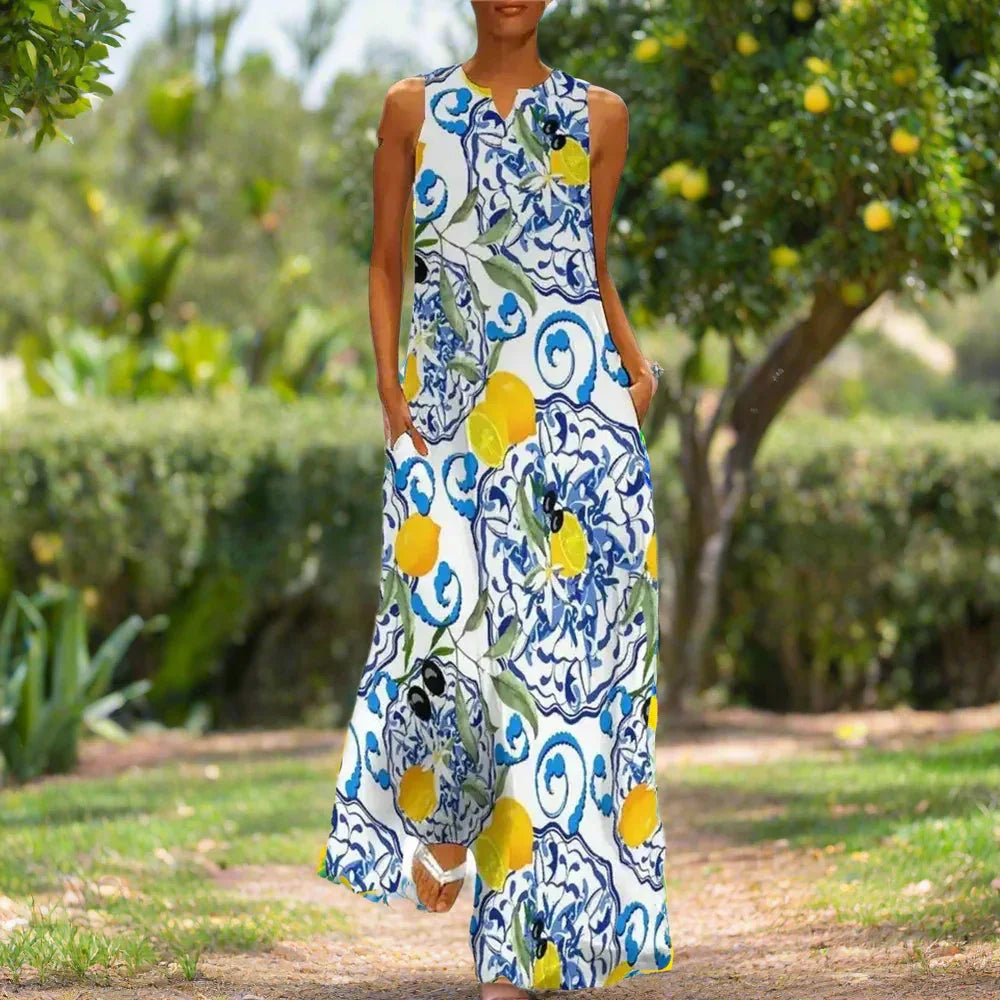 3.Bohemian Maxi Dresses for Women with Pockets Loose Summer Clothing Printed Ankle-Length A-Line Dresses