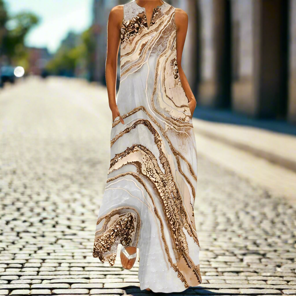 Gold Marble Print Maxi Dress – Women's Sleeveless V-Neck Summer Dress with Pockets