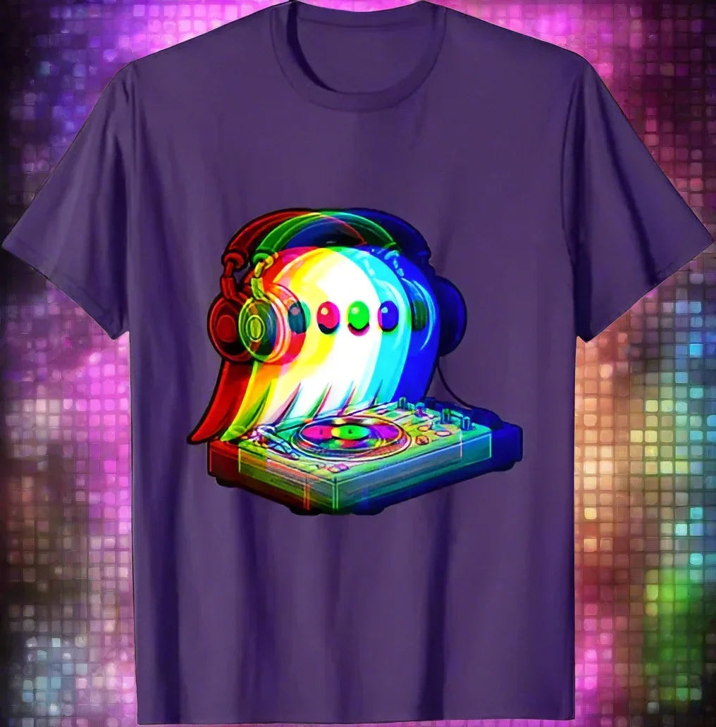 1.Dark Grey - Ghost DJ Optical Illusion T-Shirt – Trippy EDM Rave Halloween Tee for House Music Lovers
