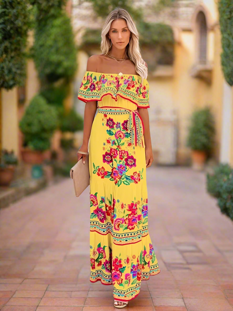 Elegant One-Shoulder Floral Maxi Dress with Lace-Up Waist