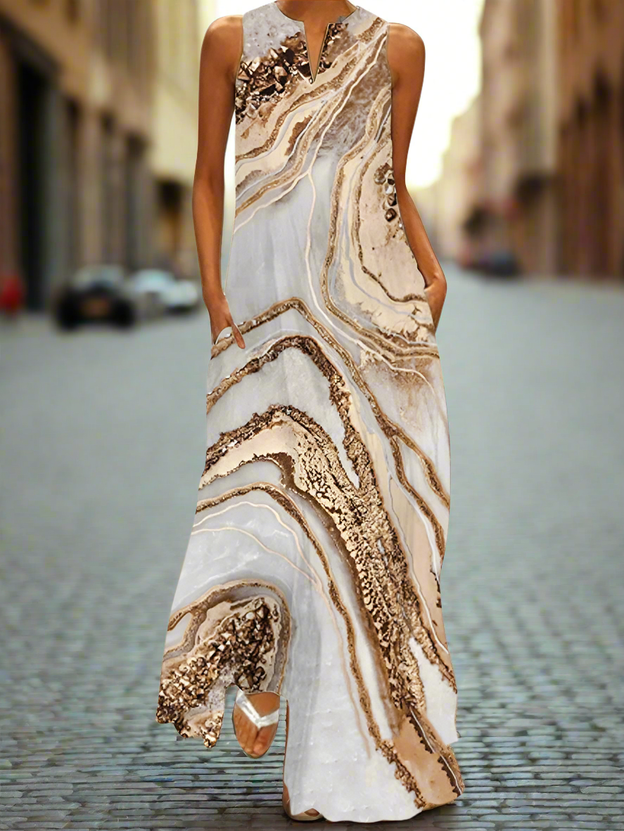 Gold Marble Print Maxi Dress – Women's Sleeveless V-Neck Summer Dress with Pockets