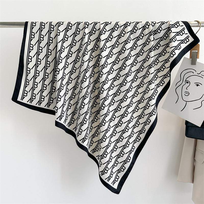 Women's Premium Twill Silk Scarf, Large Printed 90/90cm Striped Square Scarf