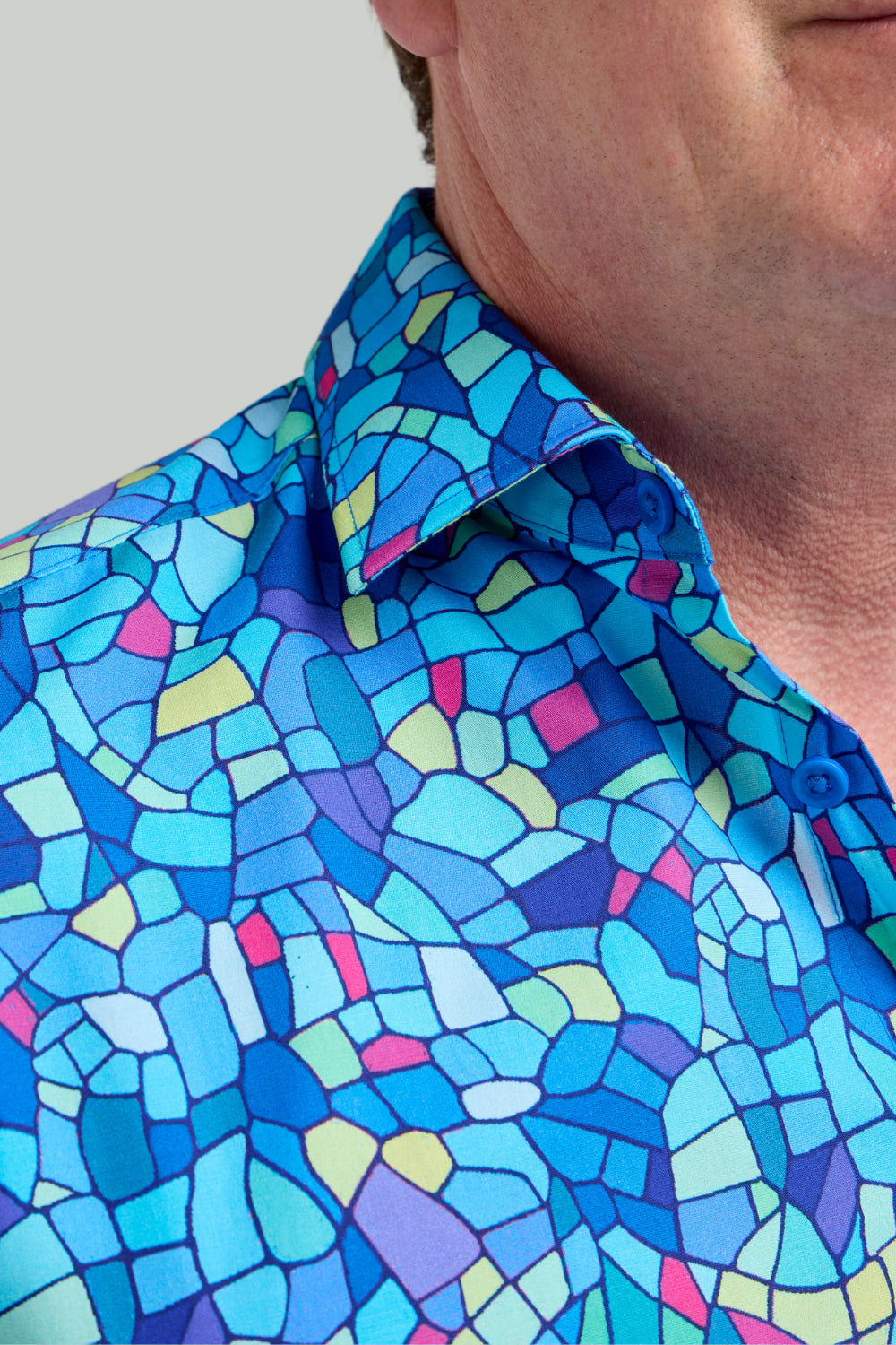 Double TWO Mosaic Print Long Sleeve Shirt For Men in Blue, M-5XL