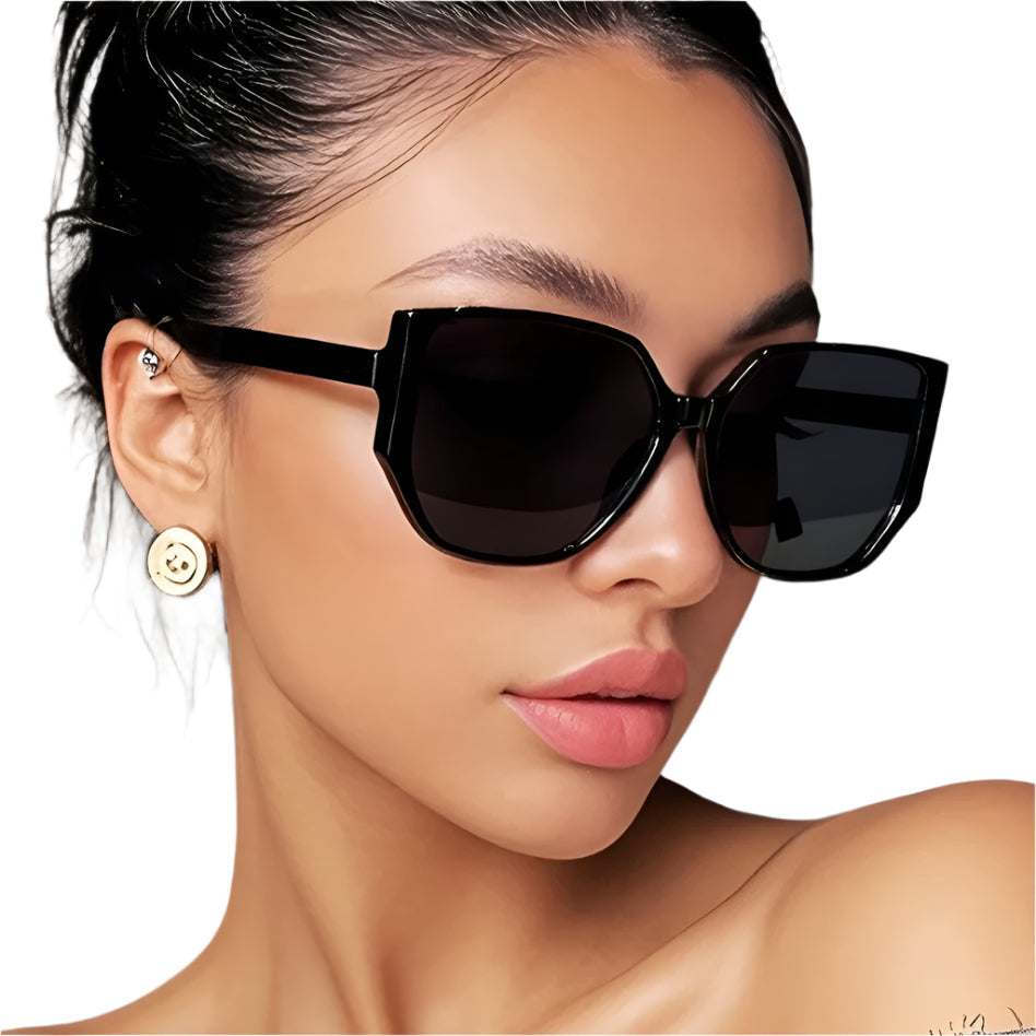 Women's Square Frame Fashion Glasses - Metal Frame, Polycarbonate Lenses, Decorative Eyewear with Elegant Button Earrings