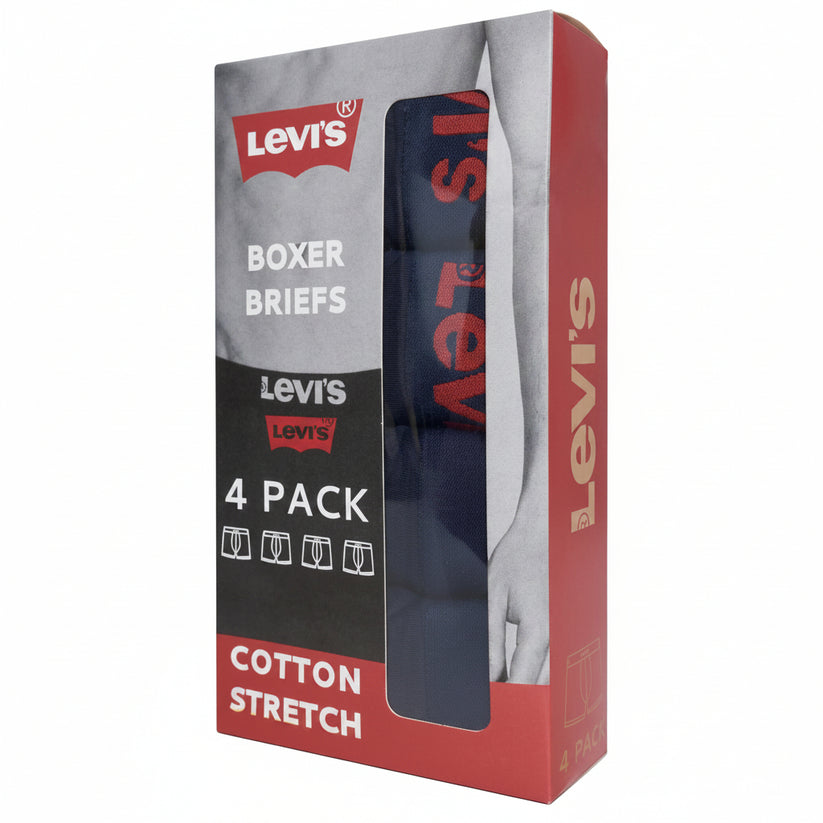 Levi's 4-pack of cotton stretch boxer briefs in navy blue, shown in its retail packaging box.