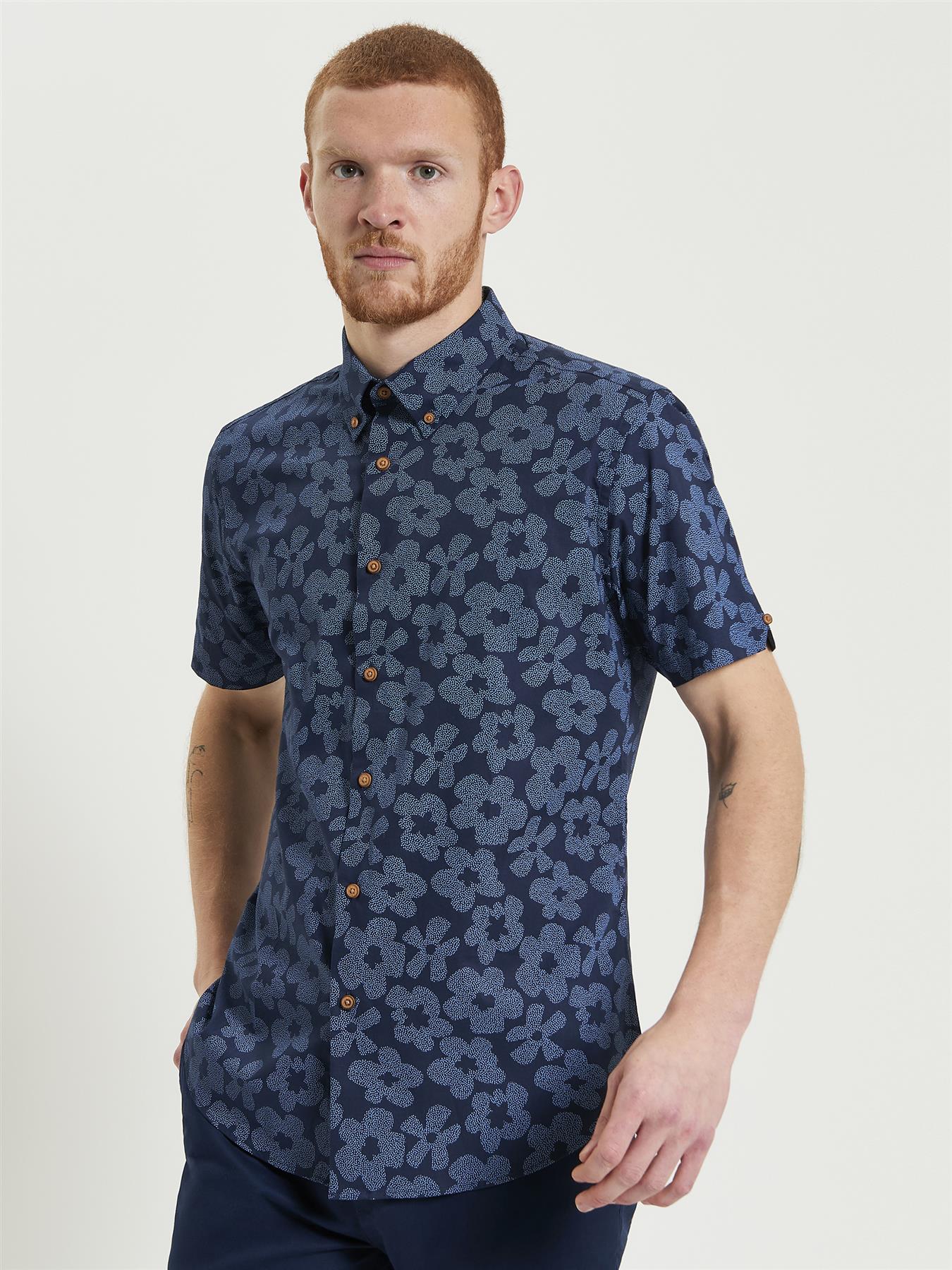 Ben Sherman Stipple Floral Print Short Sleeve Shirt For Men in Dark Navy, 2XL-5XL