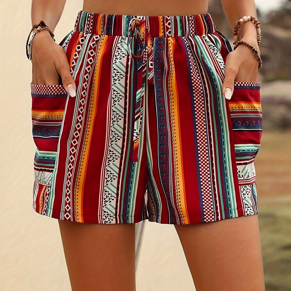 Bohemian High-Waisted Women's Shorts, 100% Polyester Woven Fabric, Summer Striped Pattern with Pockets, Casual Printed Shorts for Ladies