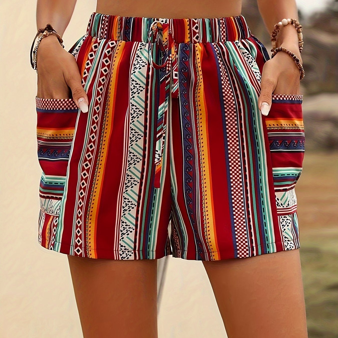 Bohemian High-Waisted Women's Shorts, 100% Polyester Woven Fabric, Summer Striped Pattern with Pockets, Casual Printed Shorts for Ladies