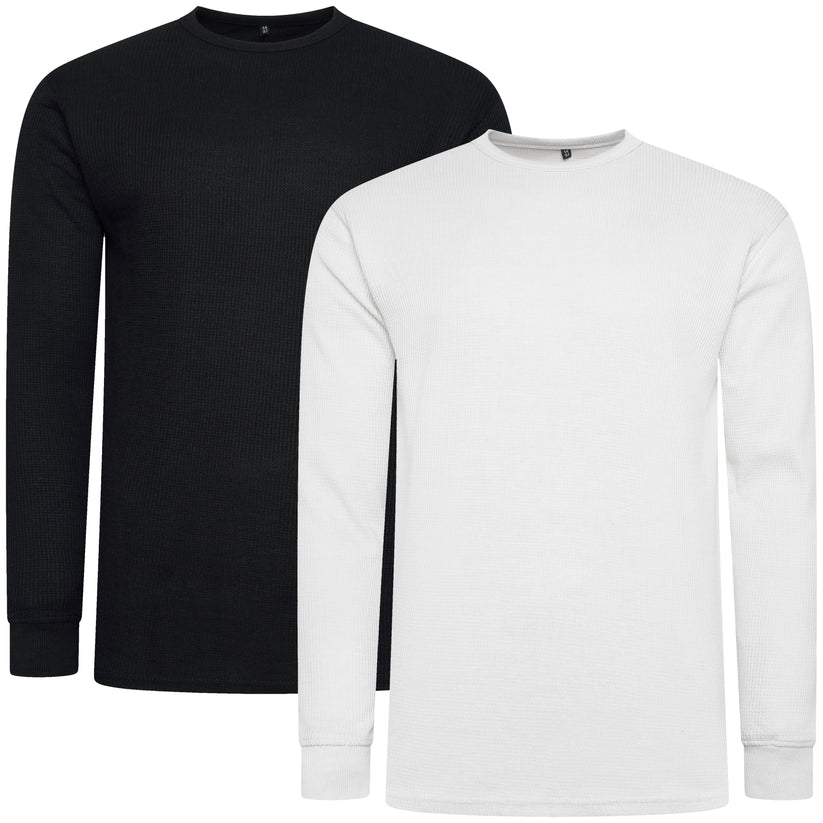 ONE Mens Waffle Knit Long Sleeve T-Shirt Cotton Crew Neck Casual Top - QHA UK