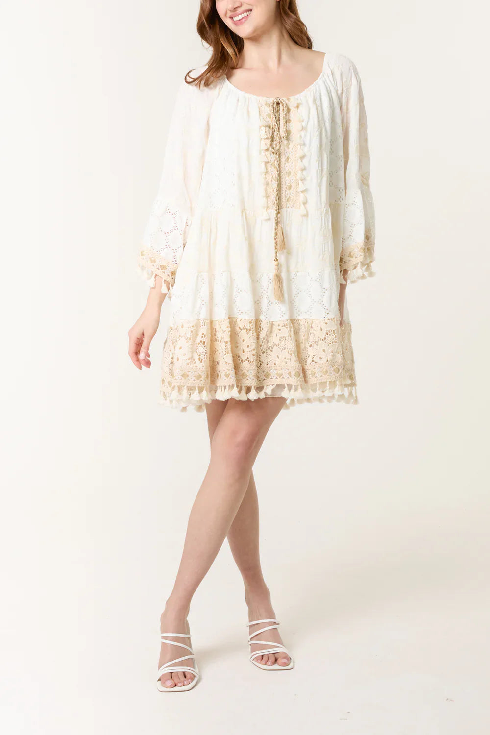 Boho Beach Dress Beige & Cream | One Size Summer Dress Fits 8-16