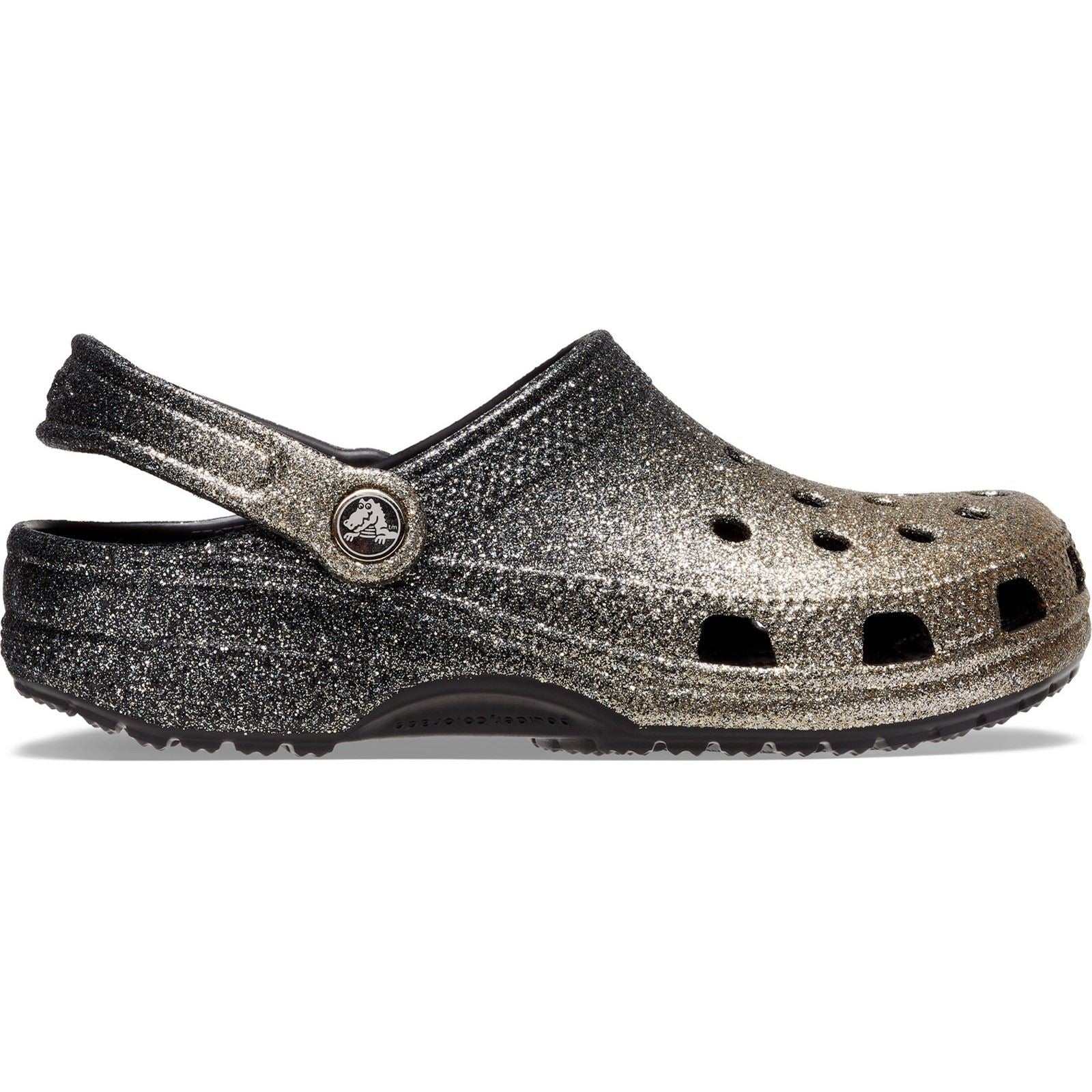Crocs Women's Classic Glitter Clog in Black/Gold in 3 to 8