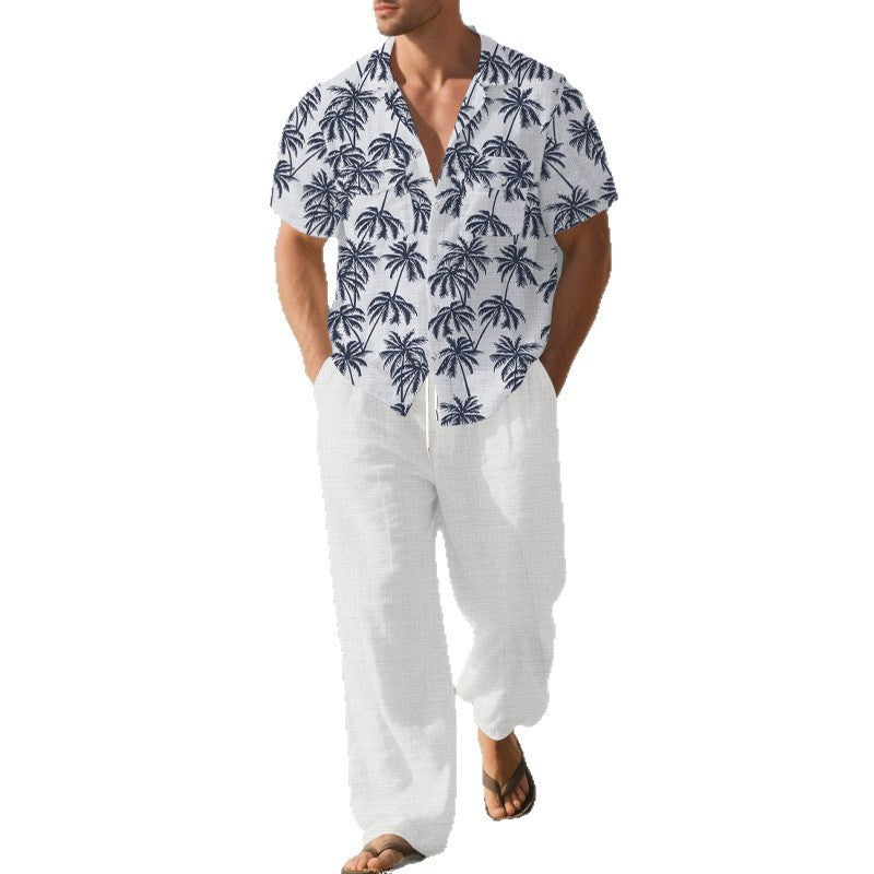 Casual Loose Shirt and Trousers Set, Two-pieces Beach Suit For Men