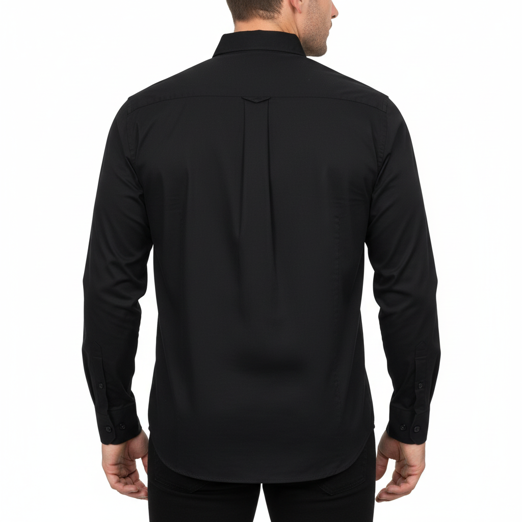 A black long-sleeve button-up shirt shown from the back, featuring a subtle vertical pleat down the center back, set against a plain white background.