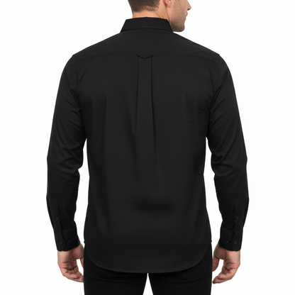 A black long-sleeve button-up shirt shown from the back, featuring a subtle vertical pleat down the center back, set against a plain white background.
