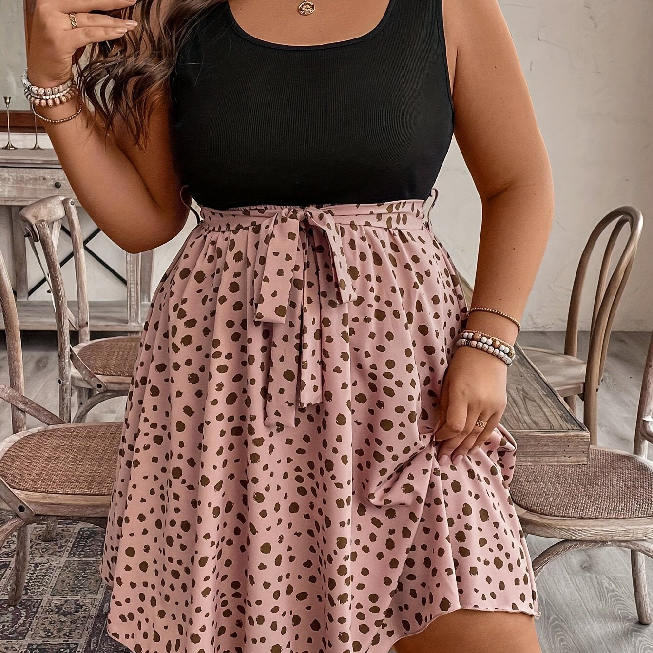 Plus Size Two-Tone Polka Dot Sleeveless Summer Dress with Ruched Detail and Belted Waist Dress