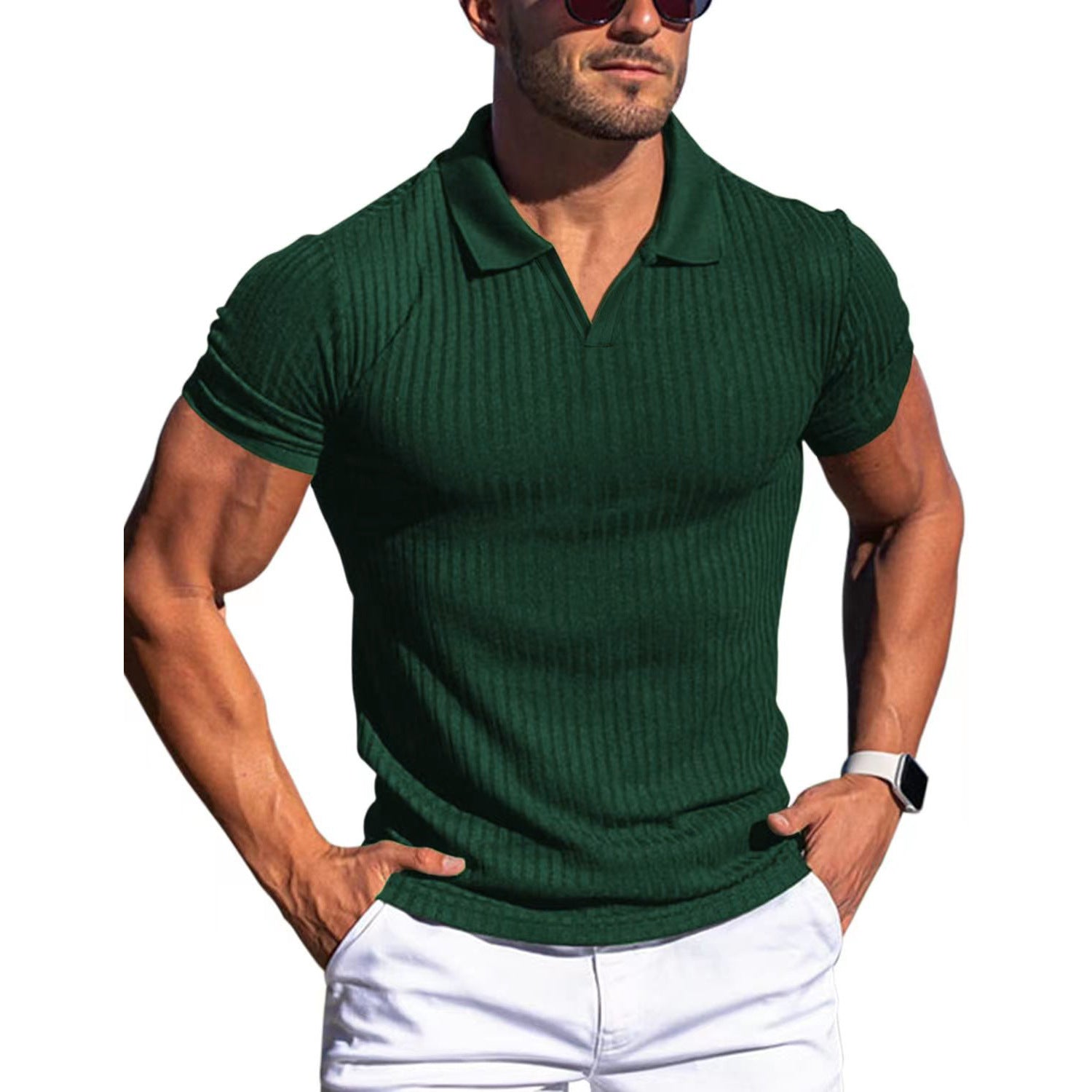 Men’s Vertical Stripe Polo Shirt V-Neck Short Sleeve Lapel Casual T-Shirt
