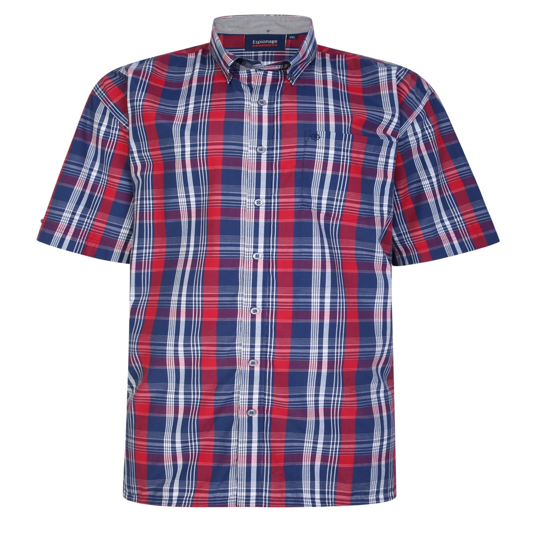 Espionage Men's Plus Size Poly cotton Short Sleeve Check Shirt in Navy/Red 2XL to 8XL
