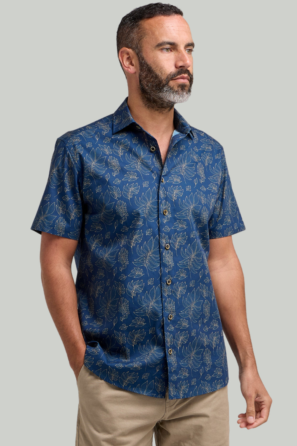 Double TWO Botanical Print Short Sleeve Shirt For Men in Navy, M-5XL
