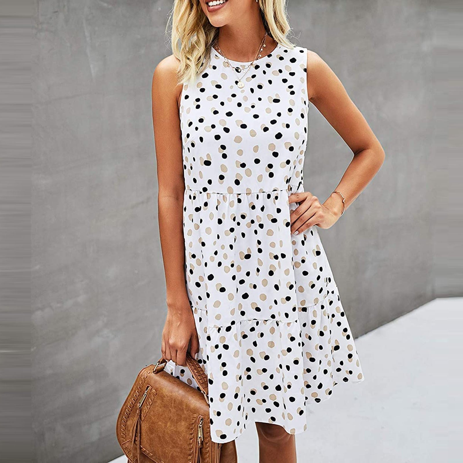 Women’s Dot Print Sleeveless Swing Mini Dress with Pockets - Casual Summer Sundress
