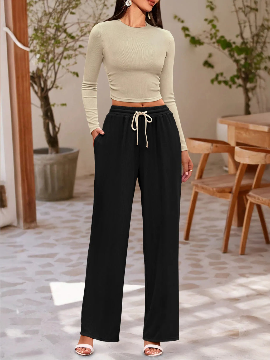 Round Neck Long Sleeve Top and Pants Set