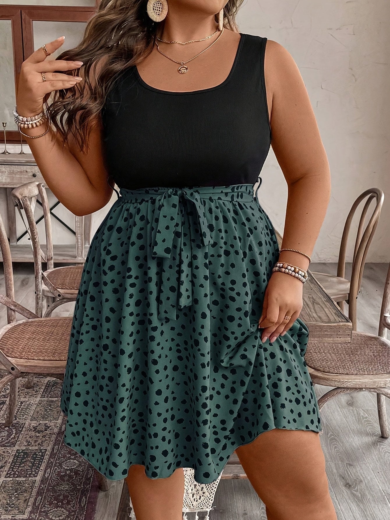 Plus Size Two-Tone Polka Dot Sleeveless Summer Dress with Ruched Detail and Belted Waist Dress