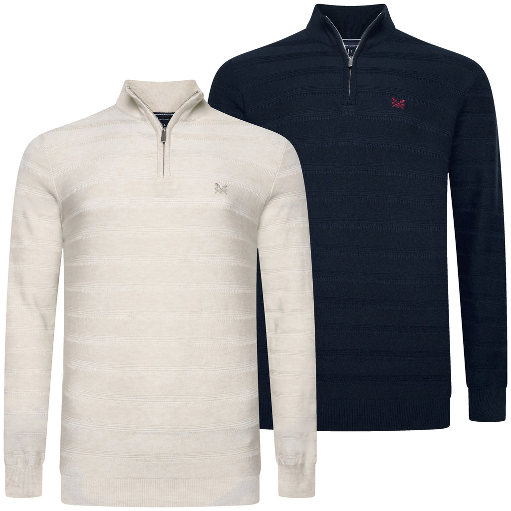 Crew Clothing Mens Cashmere Silk Blend Quarter Zip Jumper Navy Cream - QHA UK