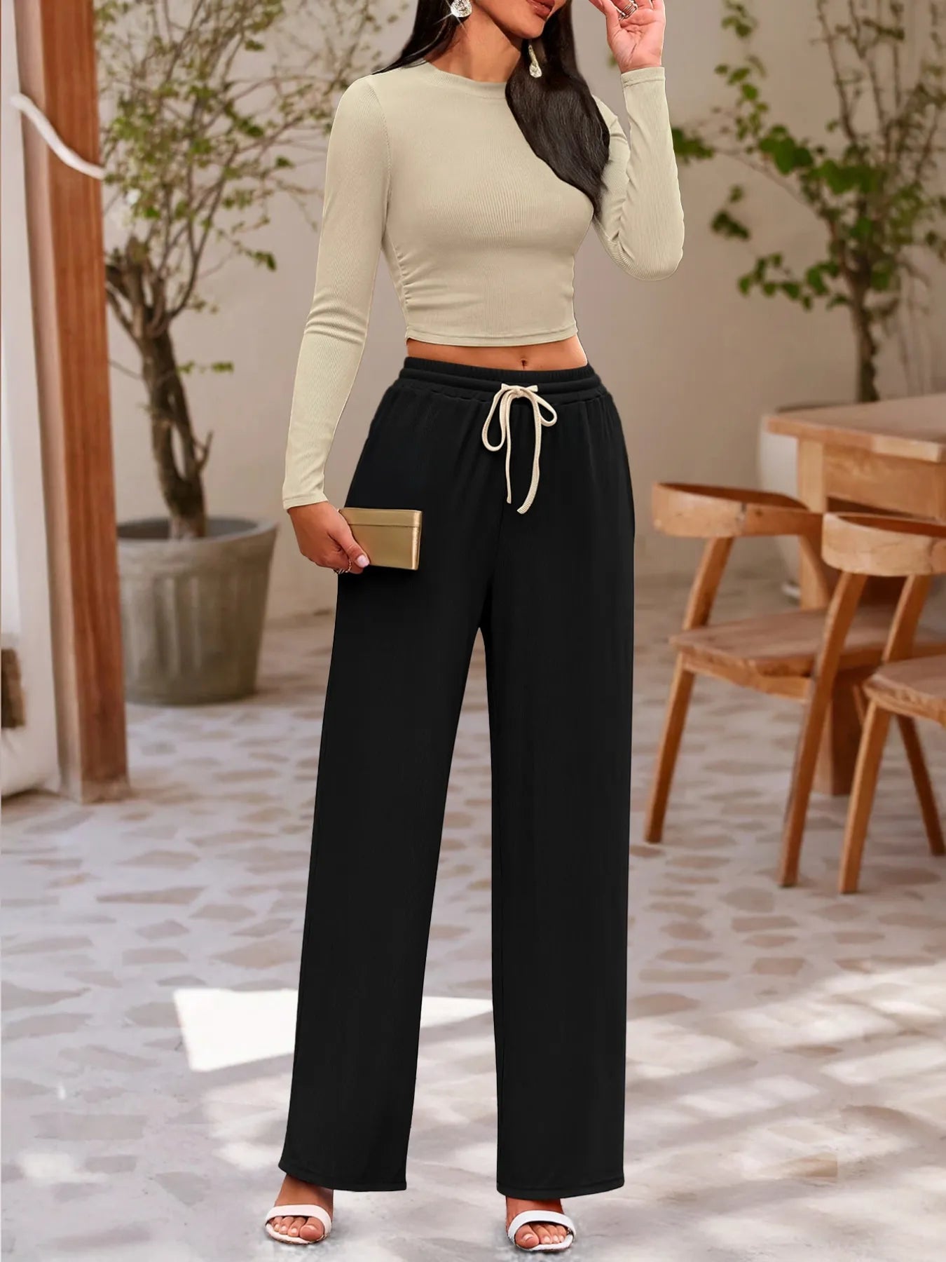 Round Neck Long Sleeve Top and Pants Set