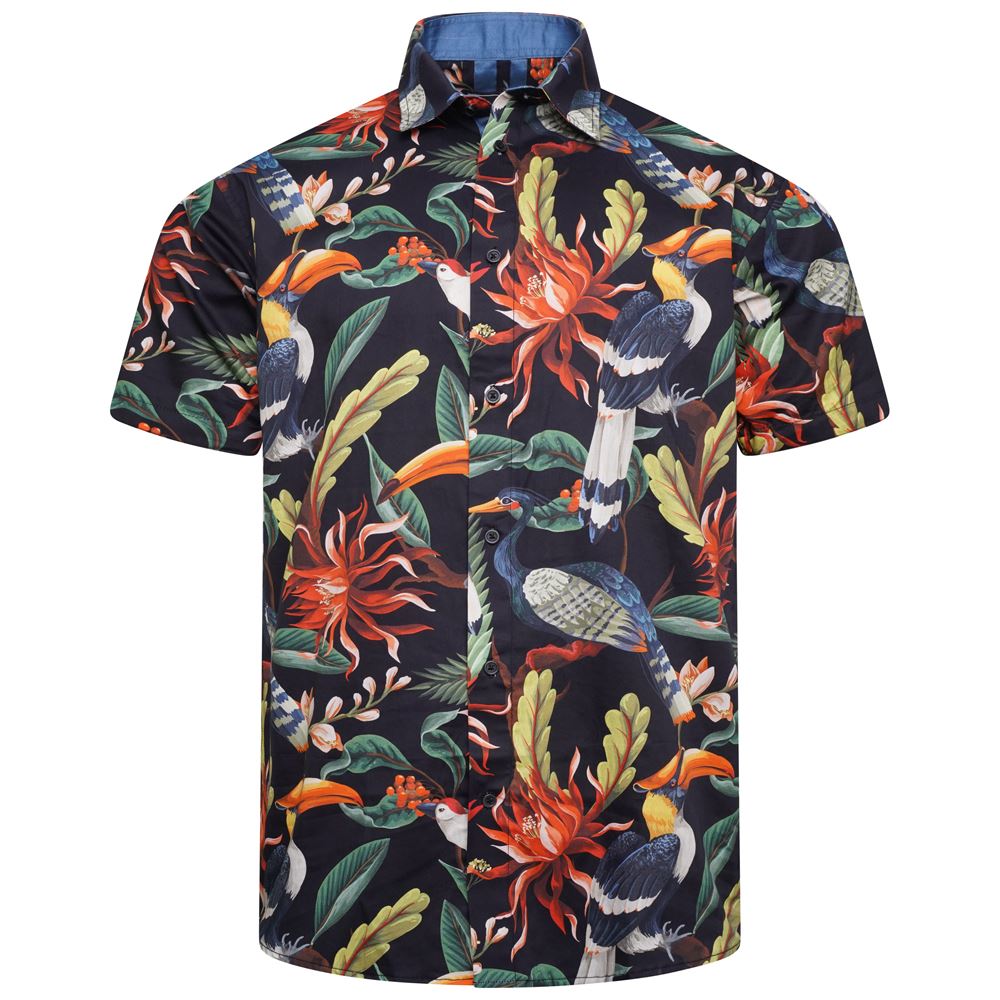 KAM Bird Print Short Sleeve Shirt For Men in Navy, 2XL-8XL