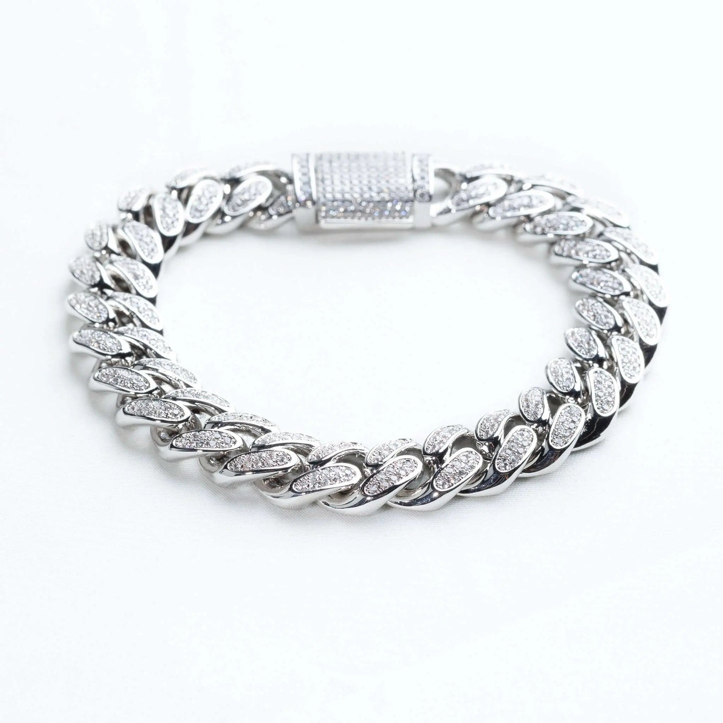 Mens 12mm Iced Miami Cuban Link Bracelet - White Gold