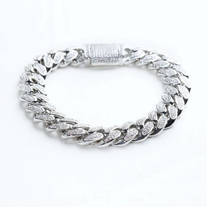 Mens 12mm Iced Miami Cuban Link Bracelet - White Gold