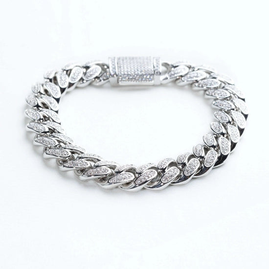 Mens 12mm Iced Miami Cuban Link Bracelet - White Gold
