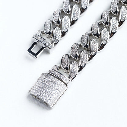 Mens 12mm Iced Miami Cuban Link Bracelet - White Gold