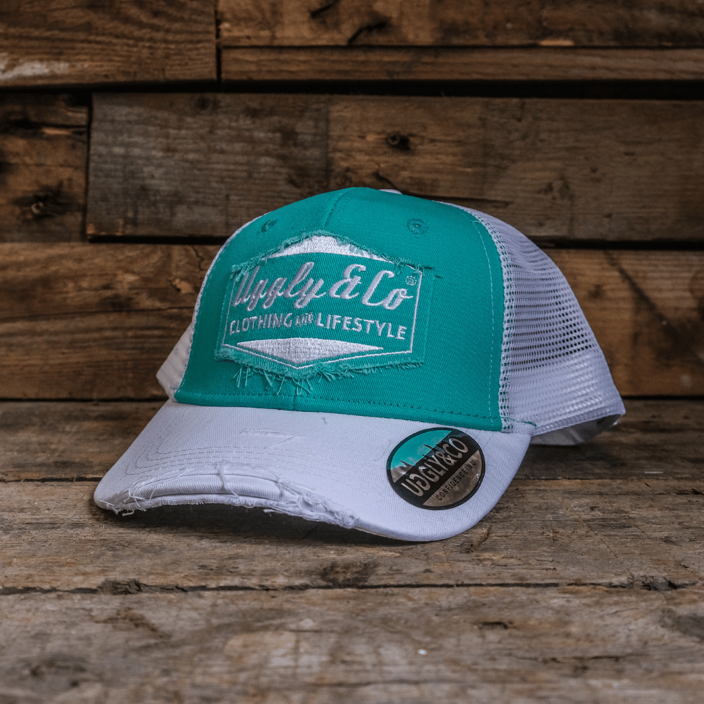 Uggly&Co Turquoise & White Diamond Cap Vintage Distressed Mesh Trucker Hat
