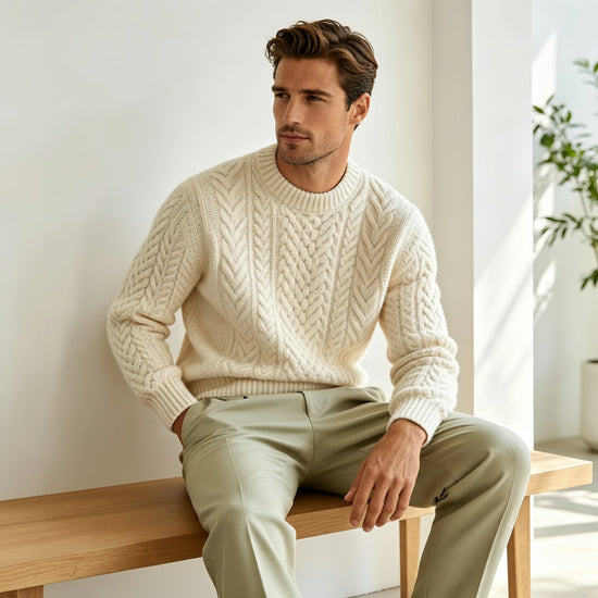 A man wearing a cream cable-knit sweater and light olive trousers sits on a wooden bench in a bright indoor setting. Large text on the image reads 'MEN Shop Now'.
